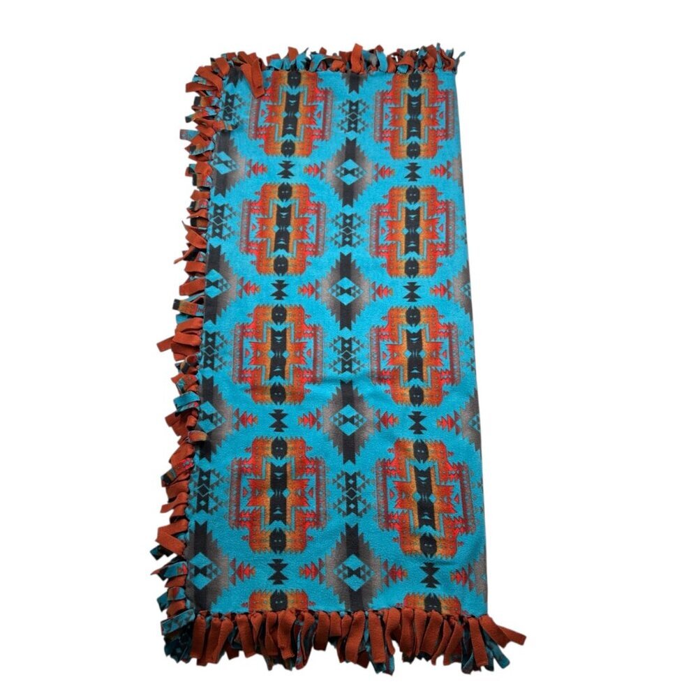 Handmade Fleece Southwest Style Aztec Print Throw Blanket Teal